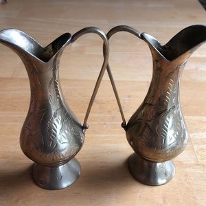 Miniature Etched Brass Pitcher Pair. Signed India 5516 J.